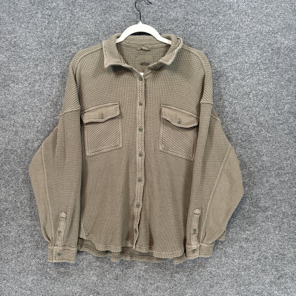 Aerie Shirt Women Medium Green Waffle Knit Oversized Shacket Button Down